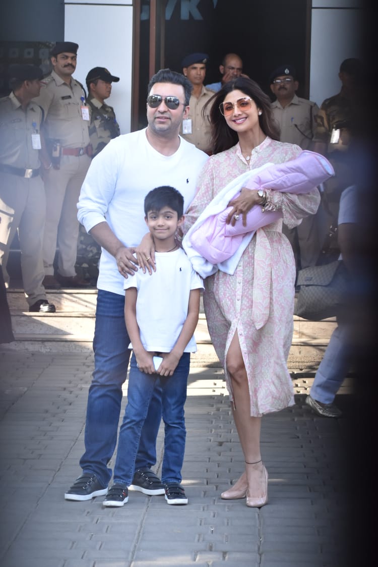 Shilpa Shetty, Raj Kundra with son Vivan & newly born Baby Samish Spotted at Kalina Airport